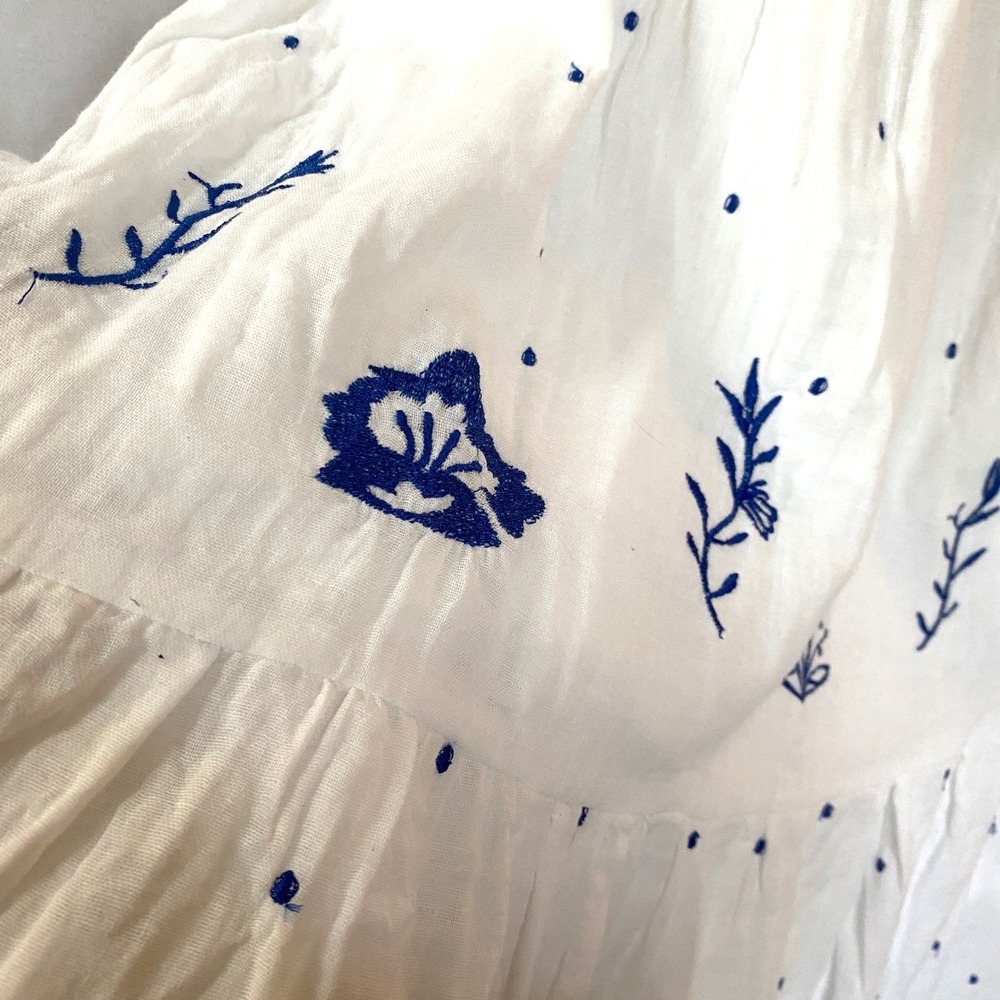 Boho Gauze Embroidered Tiered Maxi Skirt Women XL White Blue Floral Coastal NWT - Picture 3 of 9